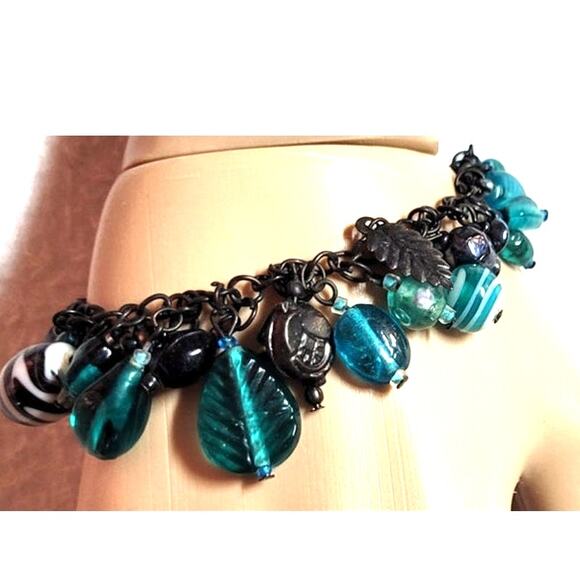 Beaded Bracelet Ankle 7"-9" Dangling Glass Charms Teal Aqua Black Boho Beachy - Picture 2 of 6